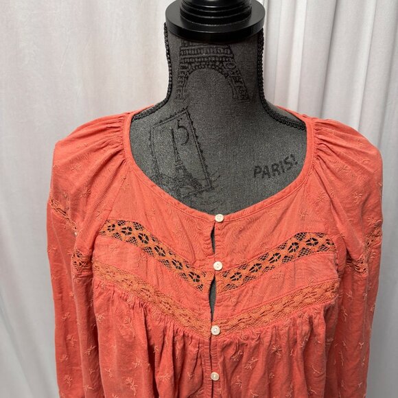 Old Navy Blouse Women Sz Large Embroidered Button-Down Puff Sleeves Peasant Top - Picture 6 of 13